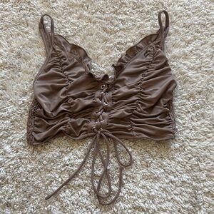 Ruched Brown Lace-Up Women's Top